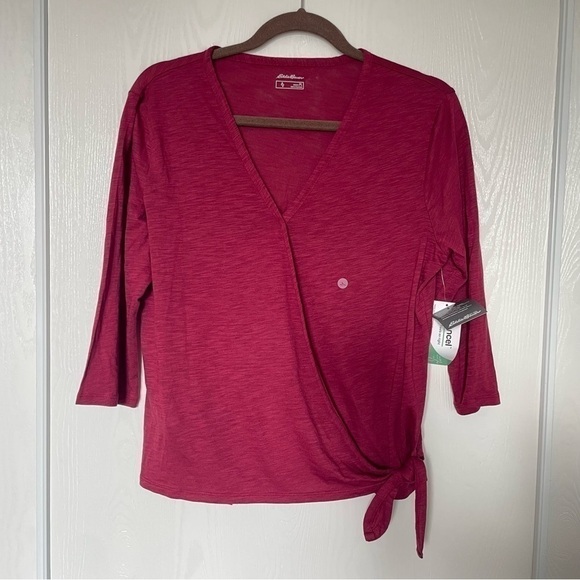 Eddie Bauer Petite Large Gate Check 3/4 Sleeve Wrap-Front Top in Ruby - Picture 4 of 10